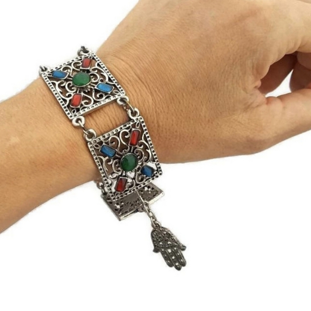 Elegant Moroccan Silver & Stone Bracelet